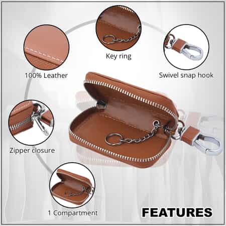 Brown Square-Shaped Genuine Leather Bag With Swivel Metallic Snap Hoop, Zipper Closure, and Key-ring For Car Keys, Remote image number 1