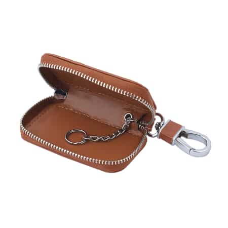 Brown Square-Shaped Genuine Leather Bag With Swivel Metallic Snap Hoop, Zipper Closure, and Key-ring For Car Keys, Remote image number 3