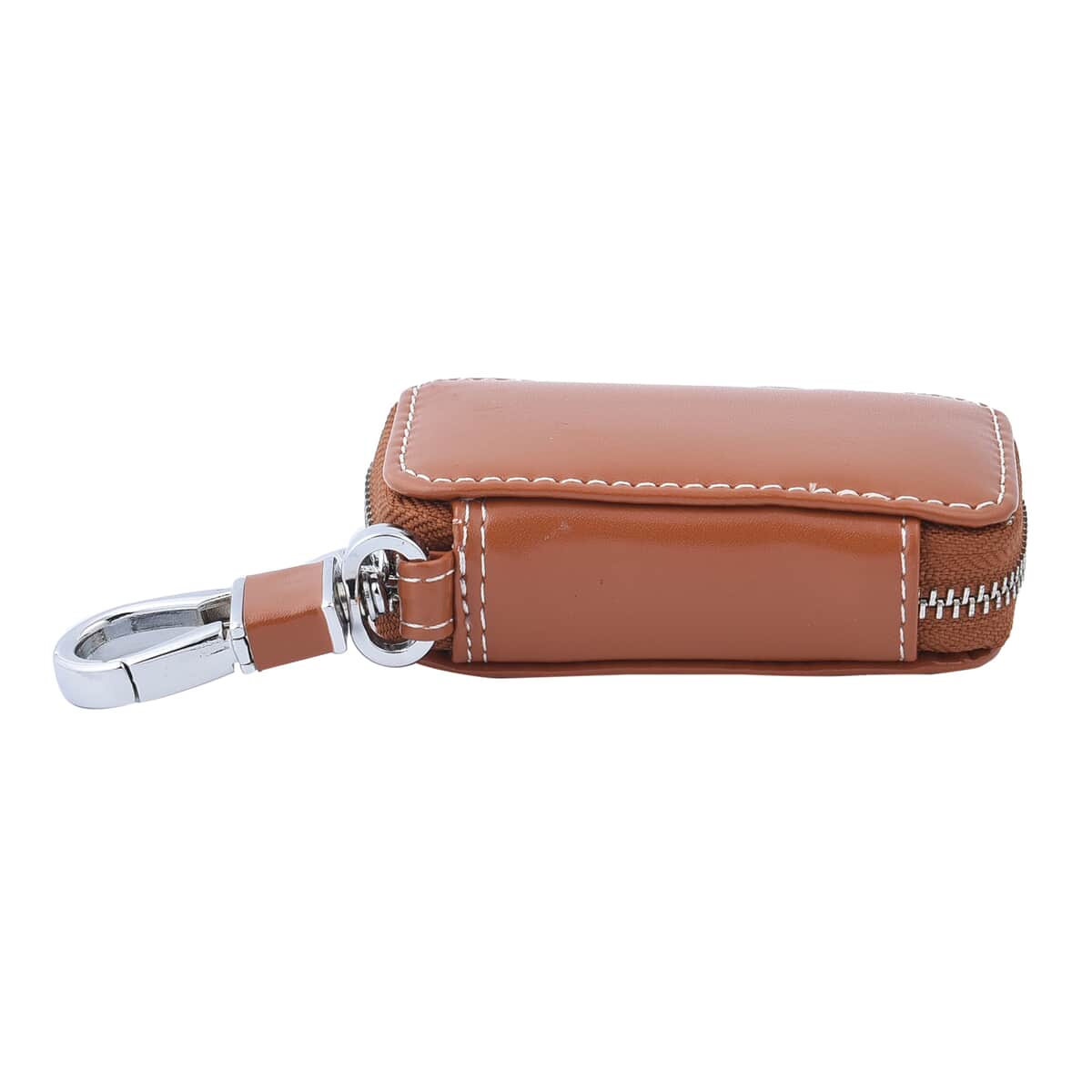 Brown Square-Shaped Genuine Leather Bag With Swivel Metallic Snap Hoop, Zipper Closure, and Key-ring For Car Keys, Remote image number 4