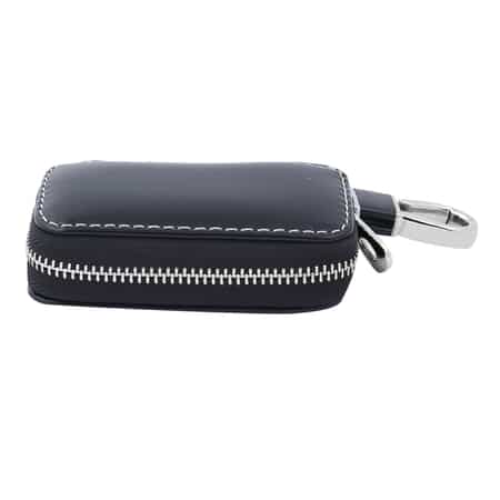 Black Square-Shaped Genuine Leather Bag With Swivel Metallic Snap Hoop, Zipper Closure, and Key-ring For Car Keys, Remote image number 0
