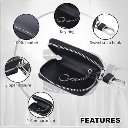 Black Square-Shaped Genuine Leather Bag With Swivel Metallic Snap Hoop, Zipper Closure, and Key-ring For Car Keys, Remote image number 1