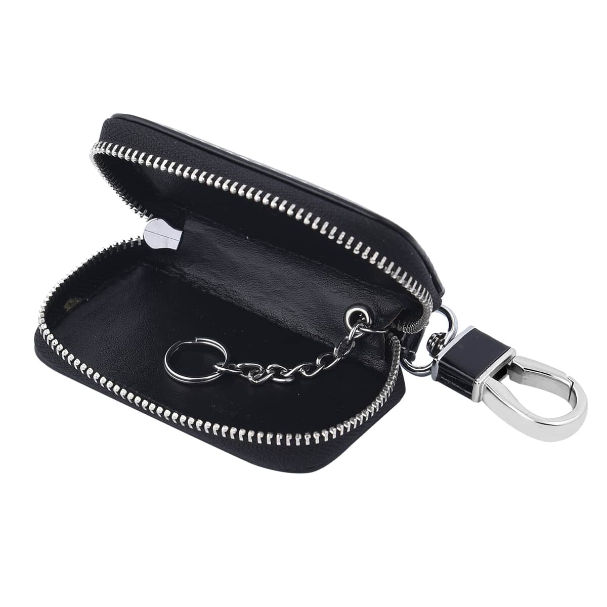Black Square-Shaped Genuine Leather Bag With Swivel Metallic Snap Hoop, Zipper Closure, and Key-ring For Car Keys, Remote image number 3