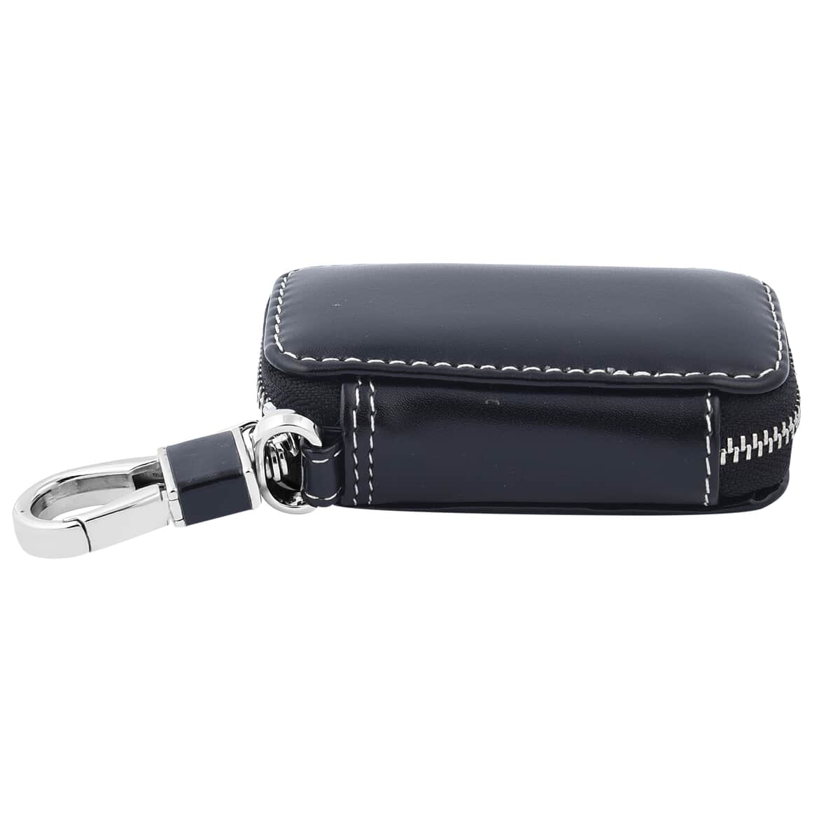 Black Square-Shaped Genuine Leather Bag With Swivel Metallic Snap Hoop, Zipper Closure, and Key-ring For Car Keys, Remote image number 4