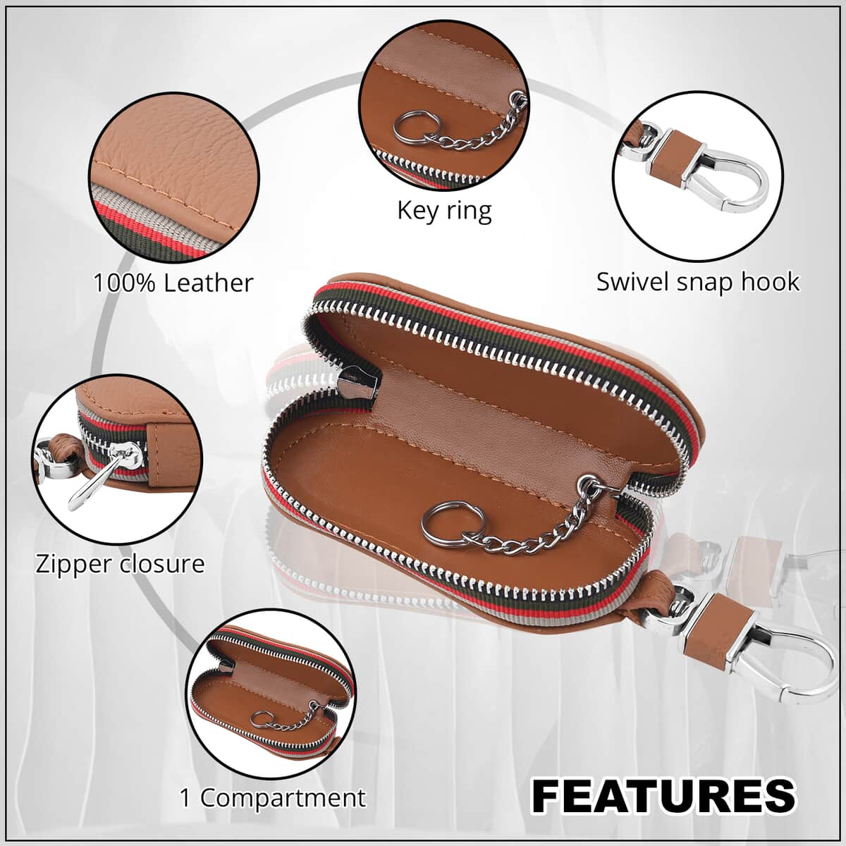 Brown Long Elliptical Shape Genuine Leather Car Key Bag (4.13"x1.78"x0.98 ") with Swivel Snap Hook image number 1