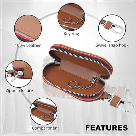 Brown Long Elliptical Shape Genuine Leather Car Key Bag (4.13"x1.78"x0.98 ") with Swivel Snap Hook image number 1