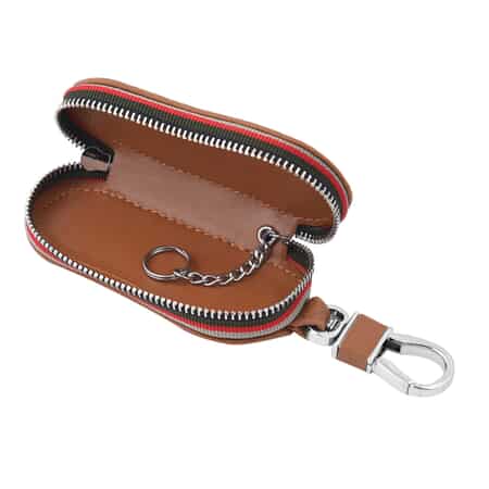 Brown Elliptical-Shaped Genuine Leather Bag With Swivel Metallic Snap Hoop, Zipper Closure, and Key-ring For Car Keys, Remote image number 3