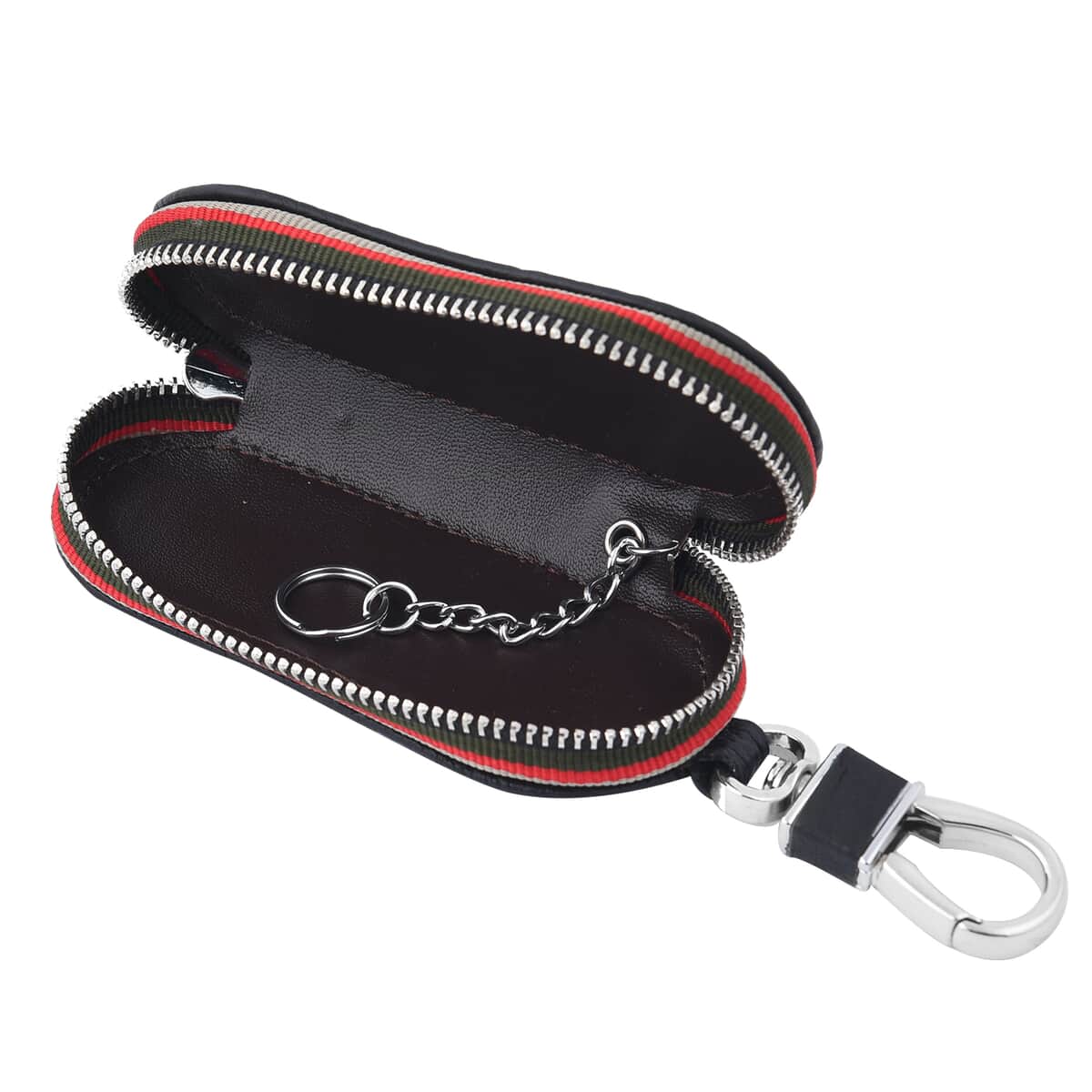Black Elliptical-Shaped Genuine Leather Bag With Swivel Metallic Snap Hoop Zipper Closure and Key-ring For Car Keys Remote image number 3