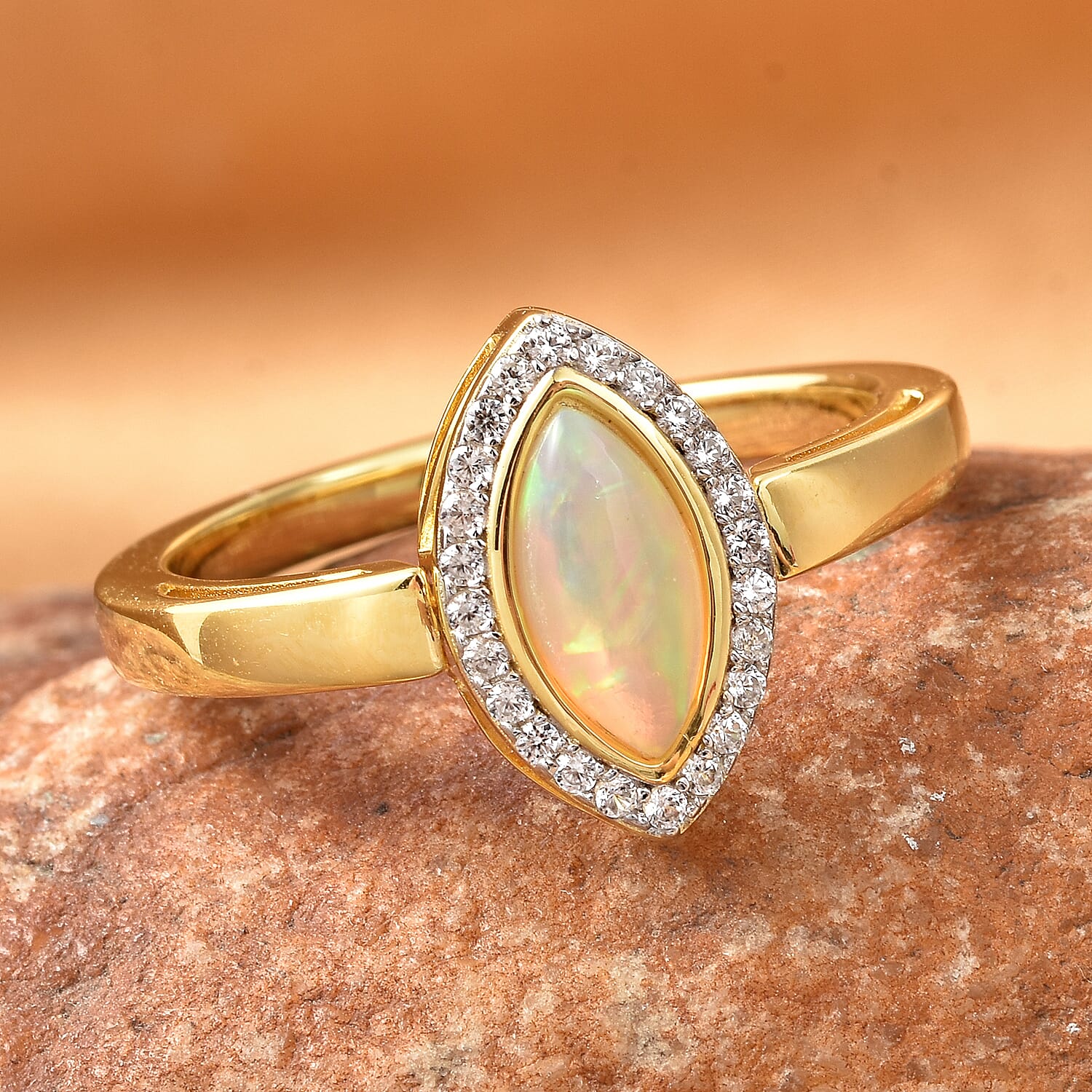 Ethiopian Welo Opal and White Zircon 0.90 ctw Ring in 14K YG Over and Sterling Silver (Size 5.5)