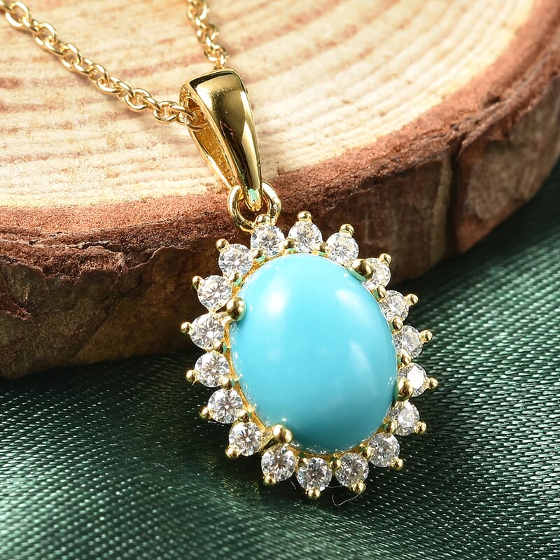 AMERICAN Natural Sleeping Beauty Turquoise and Moissanite VS EF Sunburst Pendant Necklace 18In in Vermeil Yellow Gold Over Sterling Silver 1.75 ctw