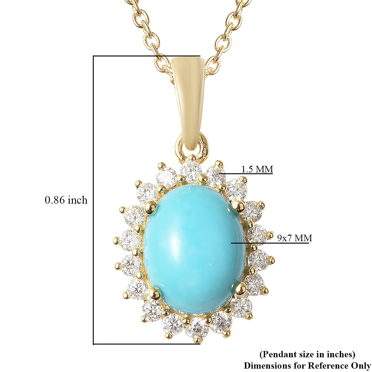 AMERICAN Natural Sleeping Beauty Turquoise and Moissanite VS EF Sunburst Pendant Necklace 18In in Vermeil Yellow Gold Over Sterling Silver 1.75 ctw