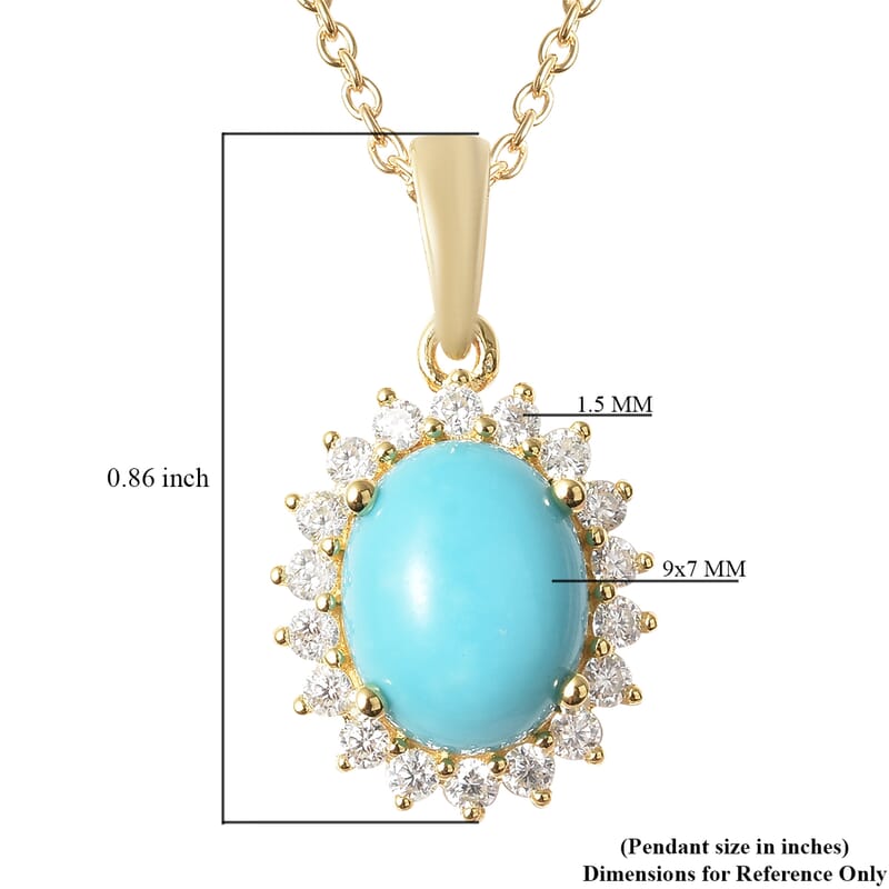 AMERICAN Natural Sleeping Beauty Turquoise and Moissanite VS EF Sunburst Pendant Necklace 18In in Vermeil Yellow Gold Over Sterling Silver 1.75 ctw