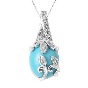 AMERICAN Natural Sleeping Beauty Turquoise and Natural White Zircon Pendant Necklace 18 Inches in Rhodium Over Sterling Silver 3.00 ctw