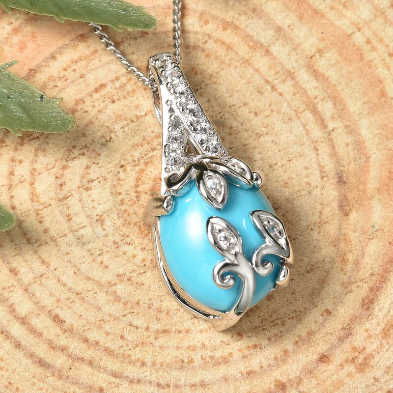 AMERICAN Natural Sleeping Beauty Turquoise and Natural White Zircon Pendant Necklace 18 Inches in Rhodium Over Sterling Silver 3.00 ctw