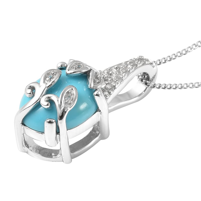 AMERICAN Natural Sleeping Beauty Turquoise and Natural White Zircon Pendant Necklace 18 Inches in Rhodium Over Sterling Silver 3.00 ctw