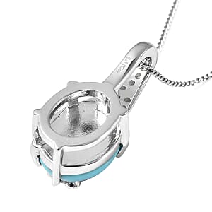 AMERICAN Natural Sleeping Beauty Turquoise and Natural White Zircon Pendant Necklace 18 Inches in Rhodium Over Sterling Silver 3.00 ctw