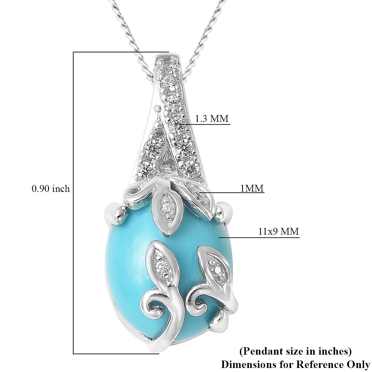 AMERICAN Natural Sleeping Beauty Turquoise and Natural White Zircon Pendant Necklace 18 Inches in Rhodium Over Sterling Silver 3.00 ctw