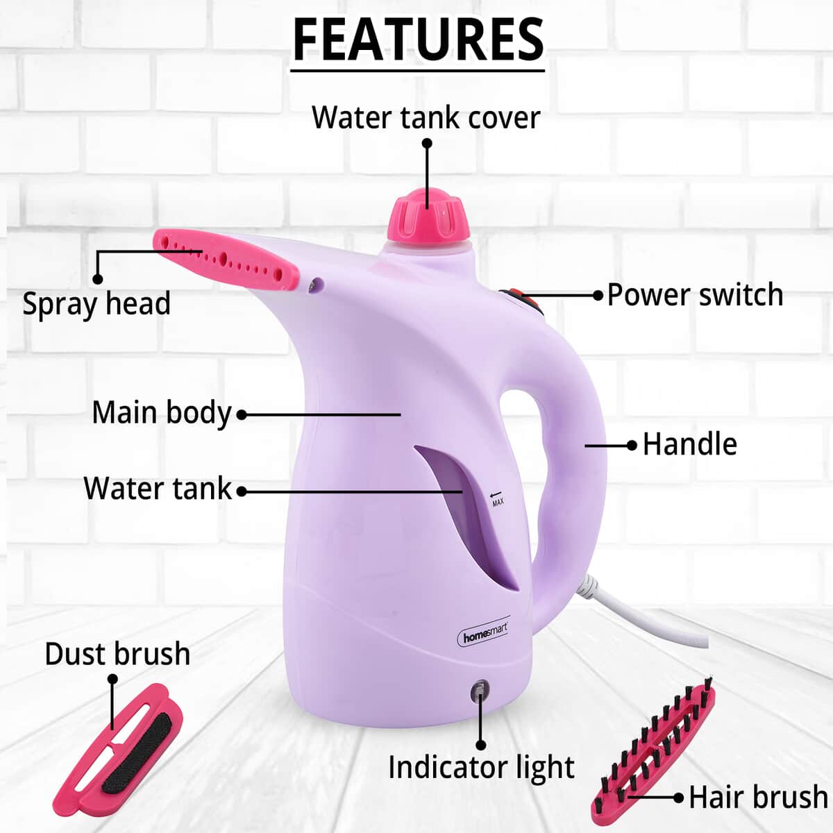 HOMESMART Pink Garment Steamer with Water Tank, Brush and Electrostatic Brush (3.54"x6.69"x8.46") (200ml) image number 2
