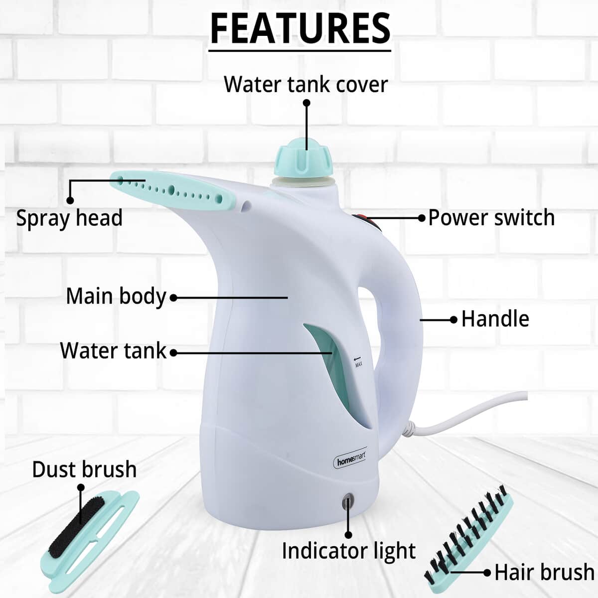 Homesmart White Garment Steamer with Water Tank, Brush and Electrostatic Brush image number 2