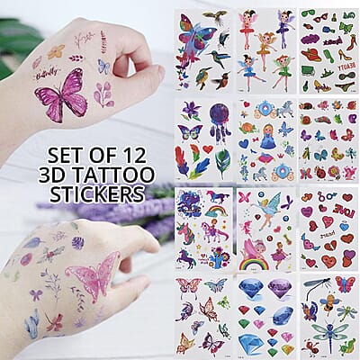 12 Sheets Multi Color Flying Angel Pattern 3D Temporary Tattoos Stickers