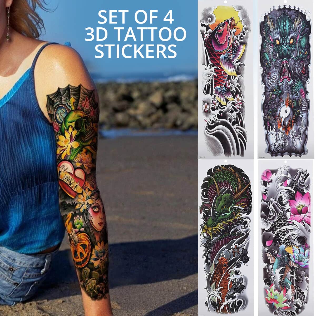 4 Sheets Floral and Dragon Pattern 3D Temporary Tattoo Stickers For Arms image number 1