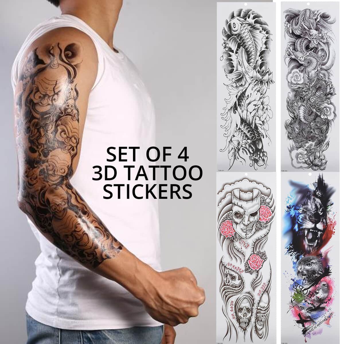 4 Sheets Ghost and Animal Pattern 3D Temporary Tattoo Stickers For Arms image number 1