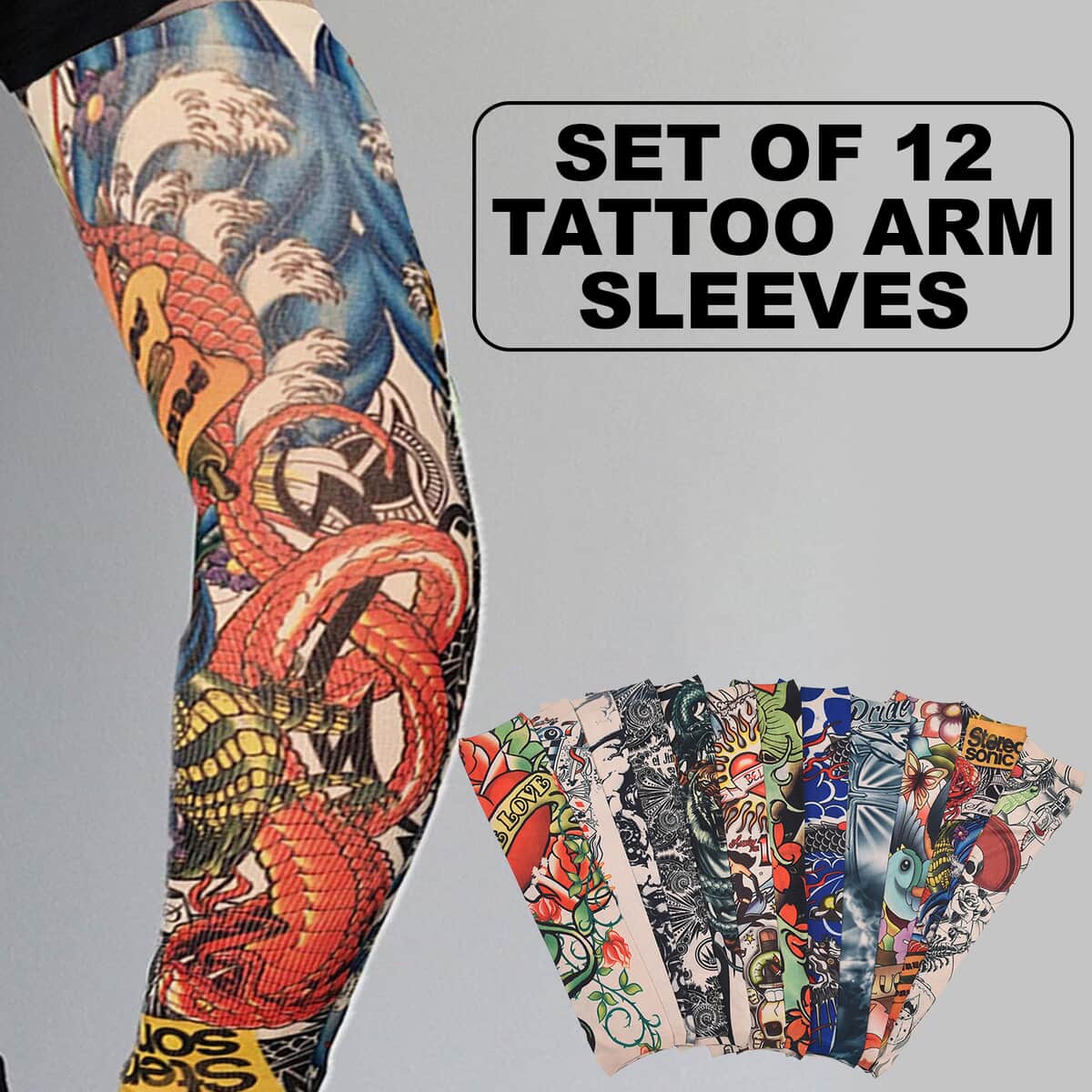 12 Pieces Set Dragon Pattern Temporary Tattoo Arm Sunscreen Sleeves (15.75"x3.35") image number 1