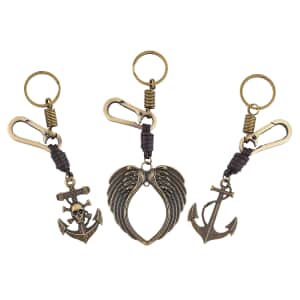 Set of 3 Keychain in Faux Leather and Goldtone - Wing, Skull and Anchor Shape