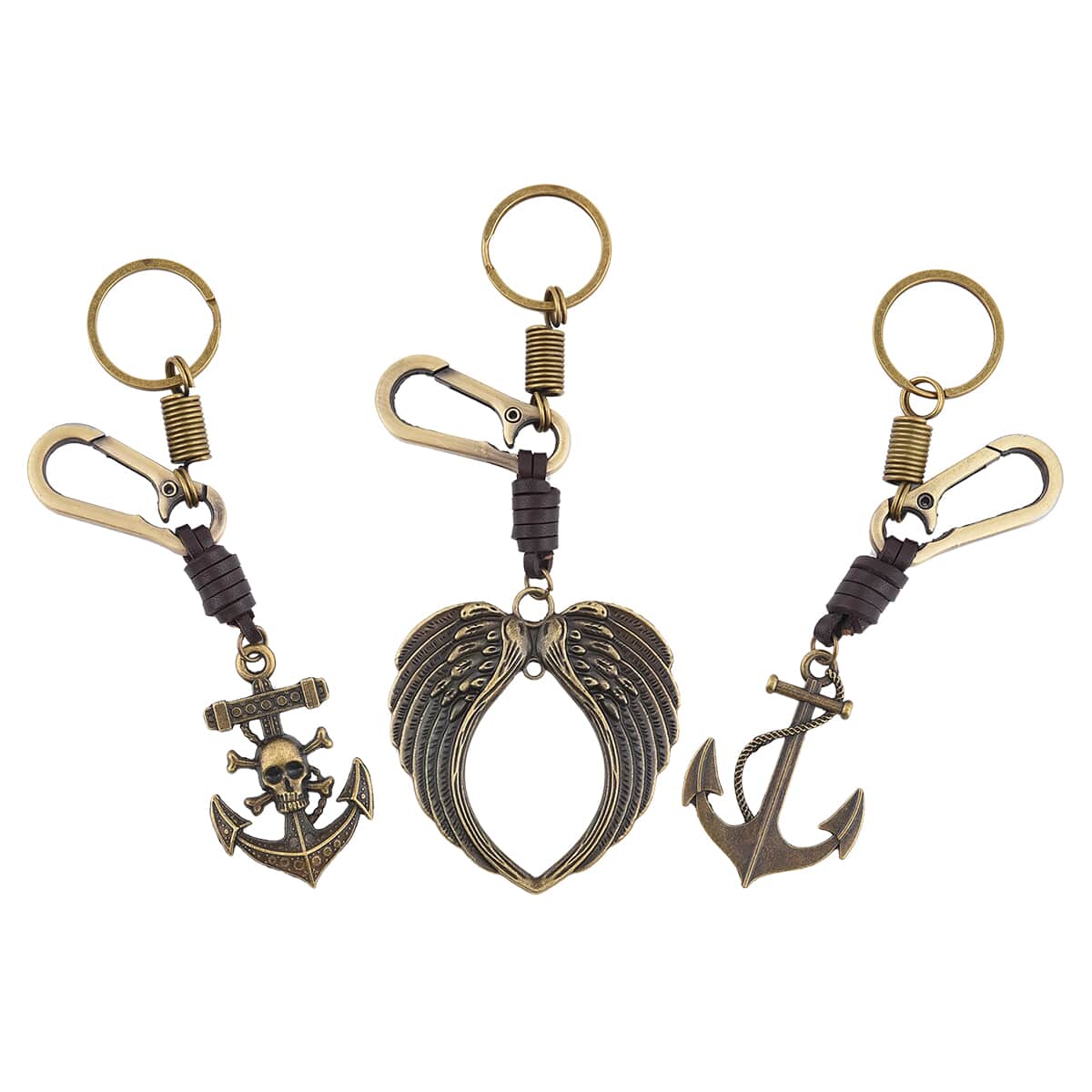 Set of 3 Keychain in Faux Leather and Goldtone - Wing, Skull and Anchor Shape image number 0
