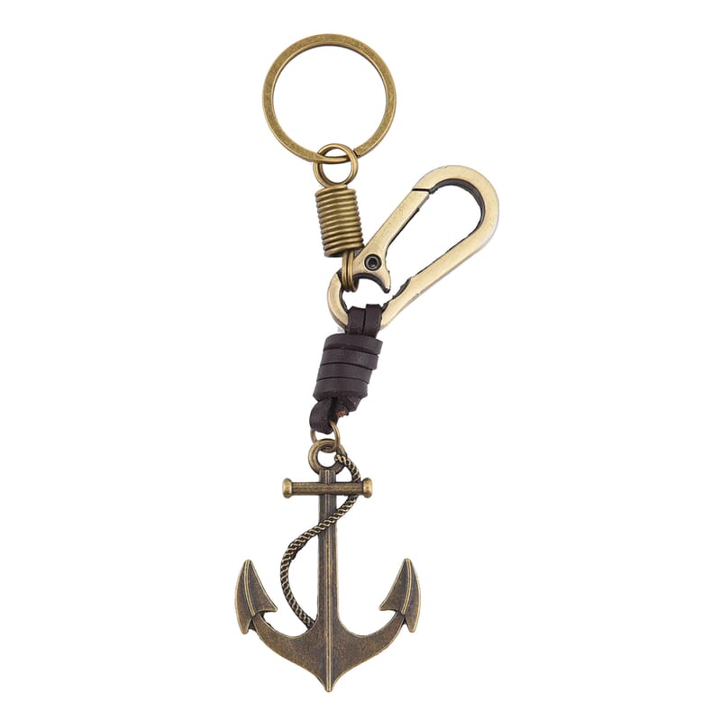 Set of 3 Keychain in Faux Leather and Goldtone - Wing, Skull and Anchor Shape