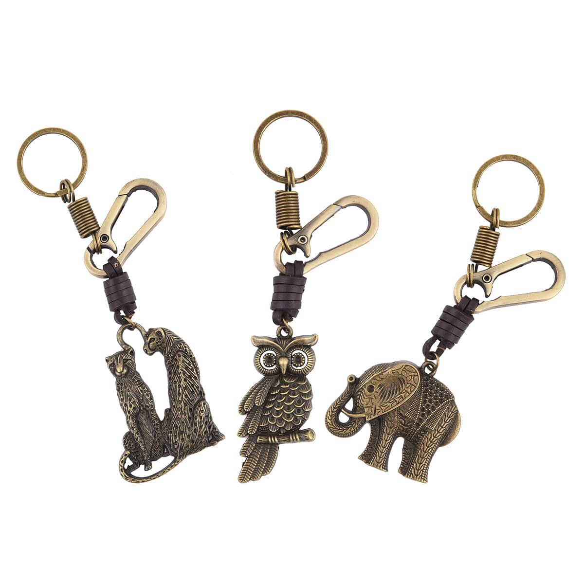 Set of 3 Keychain in Faux Leather and Goldtone - Leopard, Owl and Elephant Shape image number 0