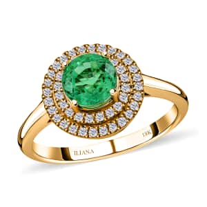 Iliana 18K Yellow Gold AAA Kagem Zambian Emerald and G-H SI Diamond Double Halo Ring (Size 6.0) 4.50 Grams 1.25 ctw