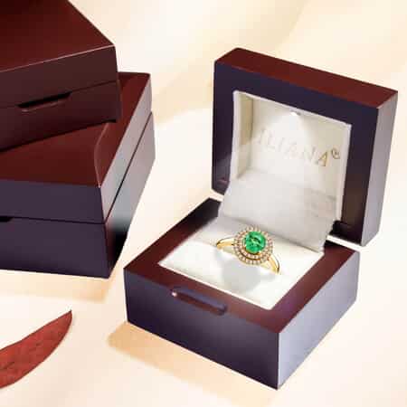 Iliana 18K Yellow Gold AAA Kagem Zambian Emerald and G-H SI Diamond Double Halo Ring (Size 7.0) 4.50 Grams 1.25 ctw image number 5