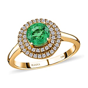 Iliana AAA Kagem Zambian Emerald and G-H SI Diamond 1.25 ctw Double Halo Ring in 18K Yellow Gold (Size 9.0) 4.50 Grams