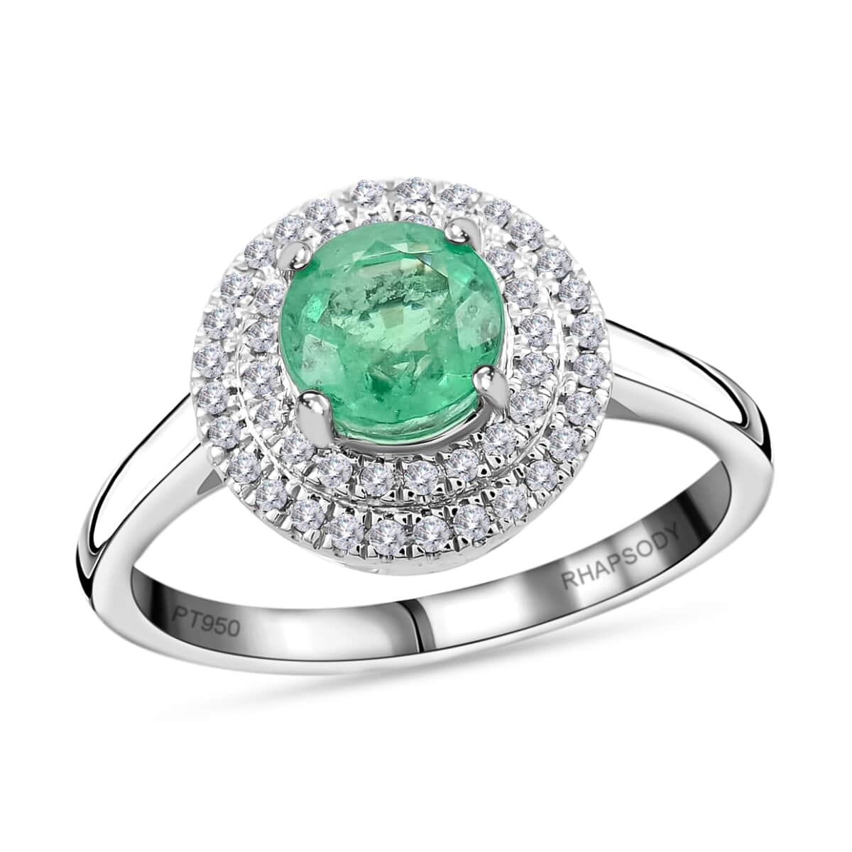 RHAPSODY AAAA Kagem Zambian Emerald and Diamond E-F VS Double Halo Ring in 950 Platinum (Size 9.0) 6.30 Grams 1.25 ctw image number 0