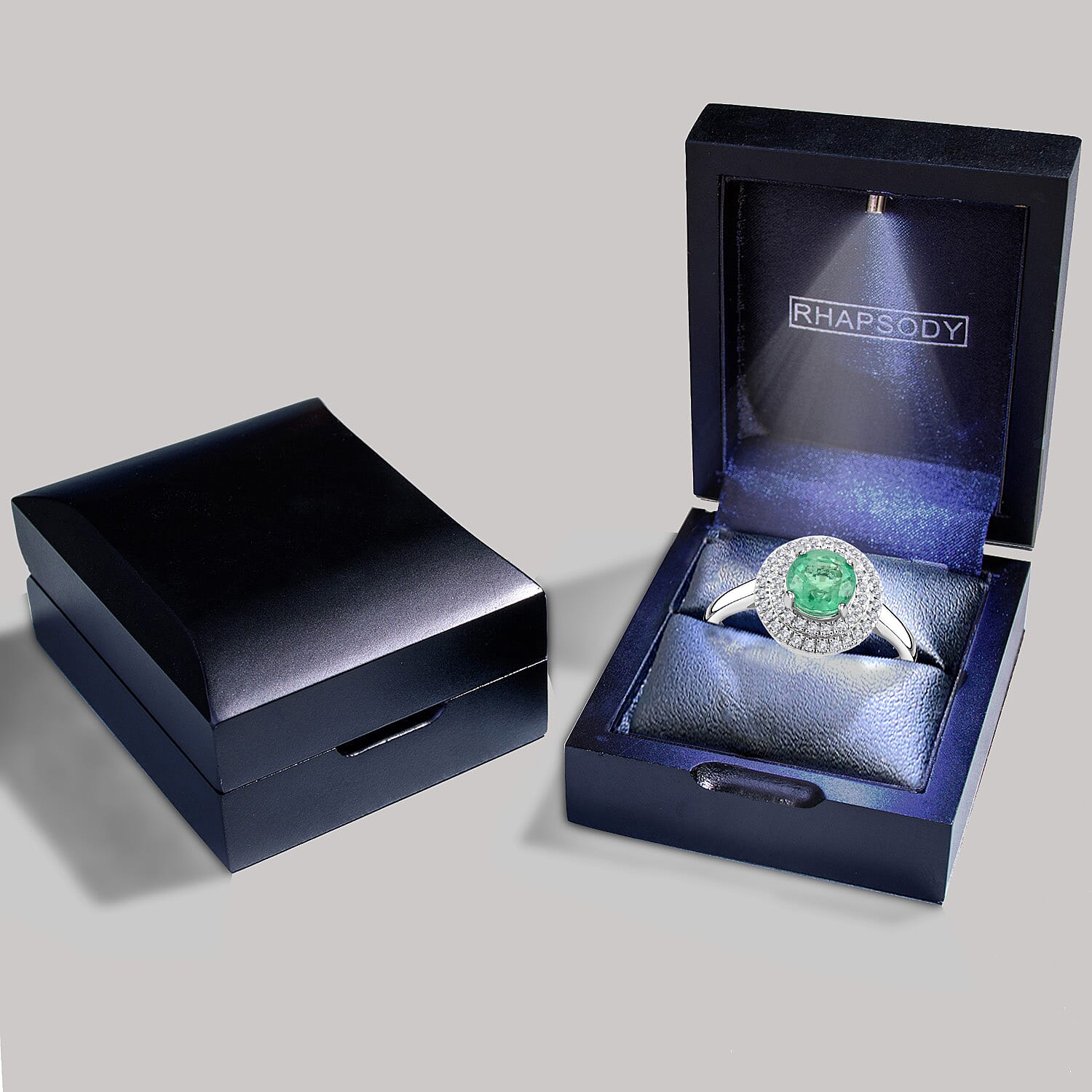 RHAPSODY AAAA Kagem Zambian Emerald and Diamond E-F VS Double Halo Ring in 950 Platinum (Size 9.0) 6.30 Grams 1.25 ctw