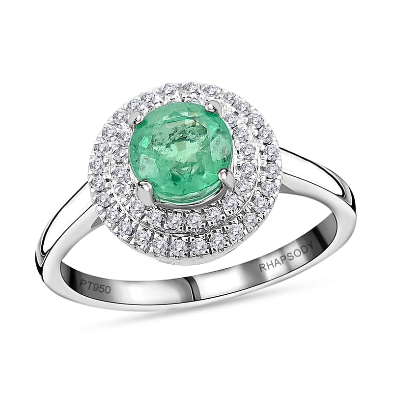 Rhapsody 950 Platinum AAAA Kagem Zambian Emerald and E-F VS Diamond Double Halo Ring (Size 9.0) 6.30 Grams 1.25 ctw