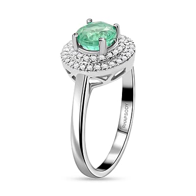 Rhapsody 950 Platinum AAAA Kagem Zambian Emerald and E-F VS Diamond Double Halo Ring (Size 9.0) 6.30 Grams 1.25 ctw