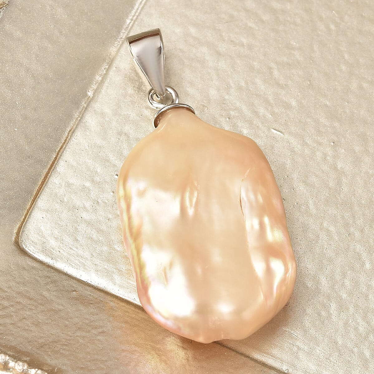 Peach Keshi Pearl Solitaire Pendant without Chain in Rhodium Over Sterling Silver 15.50 ctw image number 1