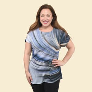 Tamsy Indigo Wave Pattern Drop Sleeve Woven & Knit Top - XL