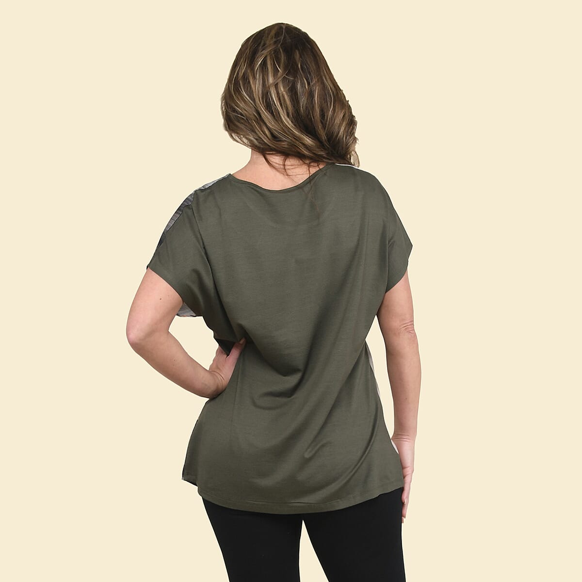 Tamsy Khaki Wave Pattern Drop Sleeve Woven & Knit Top - L image number 1