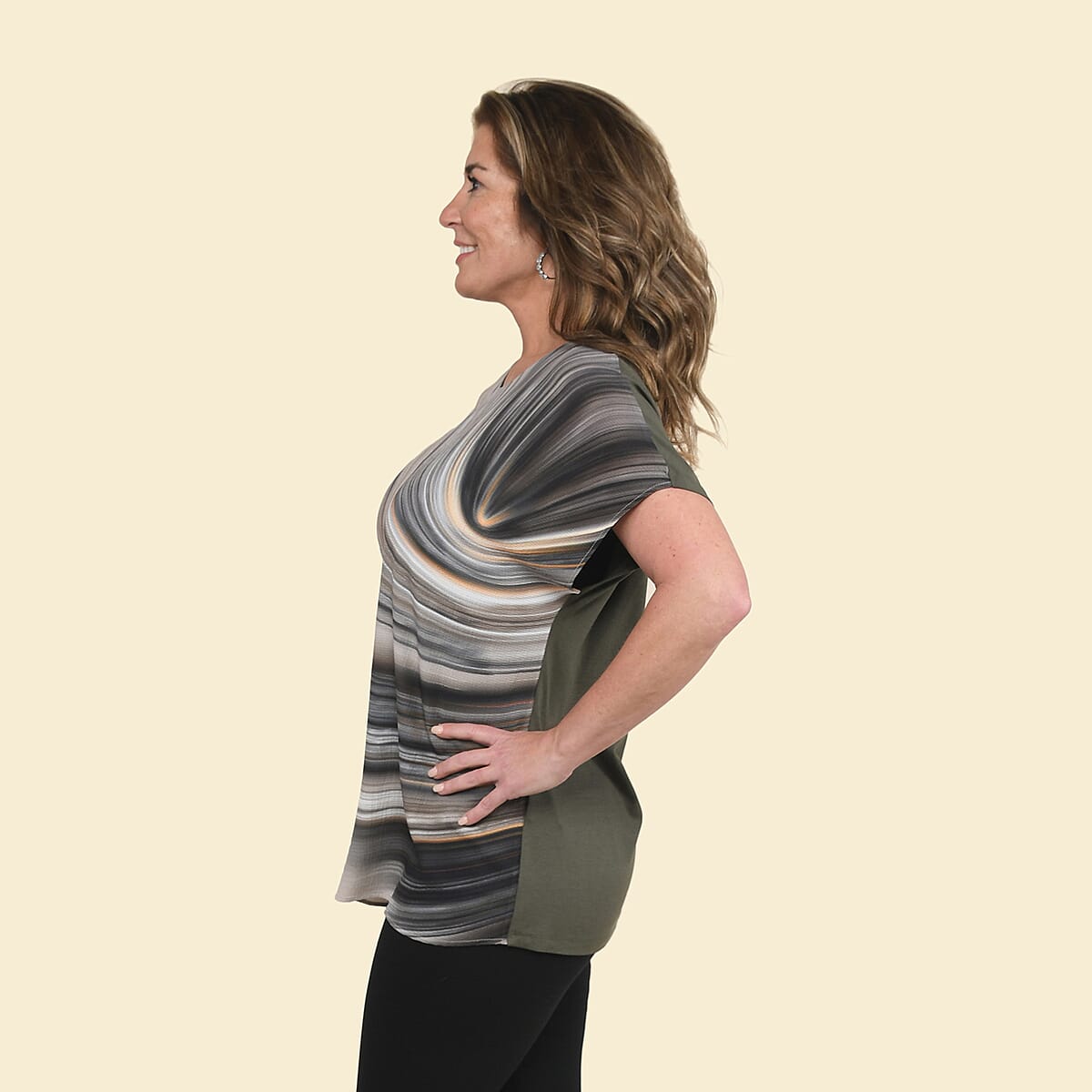 Tamsy Khaki Wave Pattern Drop Sleeve Woven & Knit Top - L image number 2