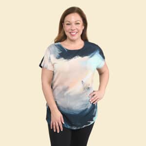 Tamsy Indigo Brush Stroke Pattern Drop Sleeve Woven and Knit Top - L