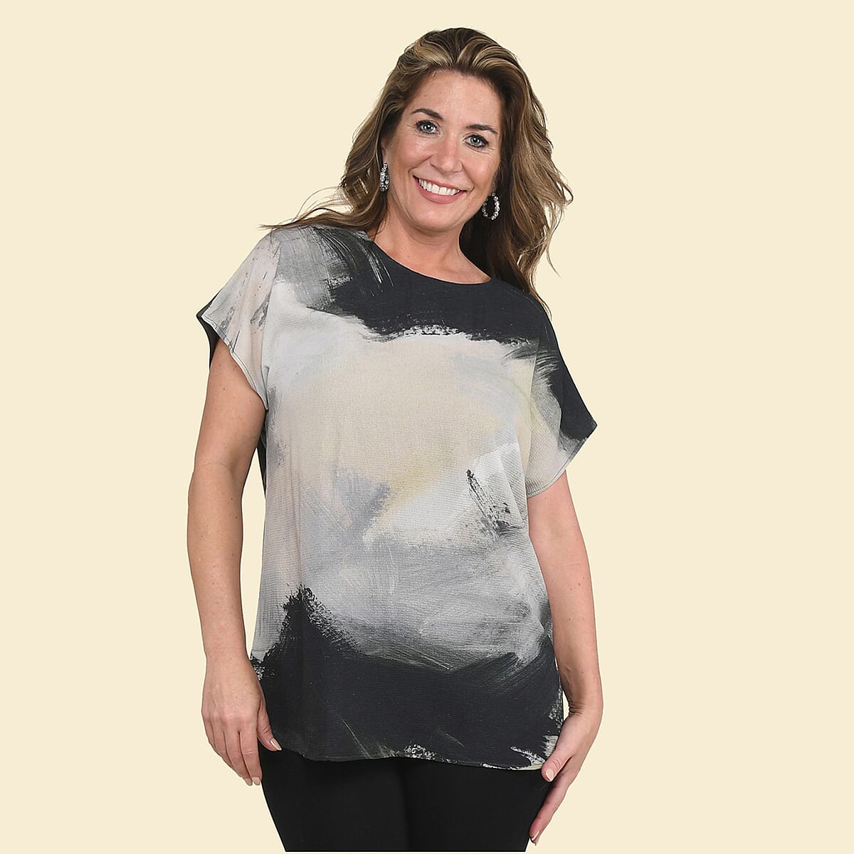 Tamsy Khaki Brush Stroke Pattern Drop Sleeve Woven and Knit Top - XL image number 0