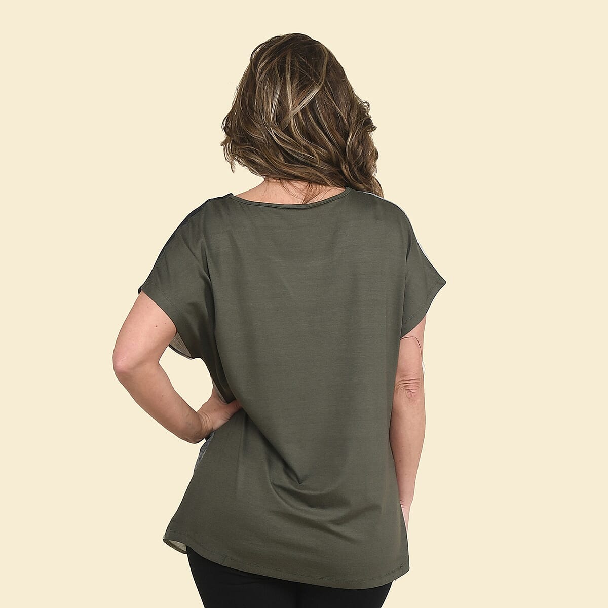 Tamsy Khaki Brush Stroke Pattern Drop Sleeve Woven and Knit Top - XL image number 1