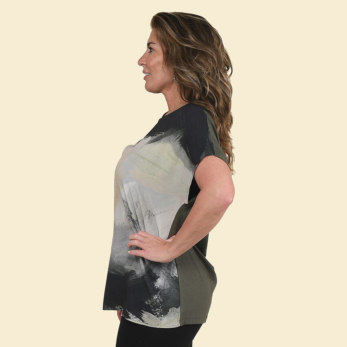Tamsy Khaki Brush Stroke Pattern Drop Sleeve Woven and Knit Top - XL image number 2