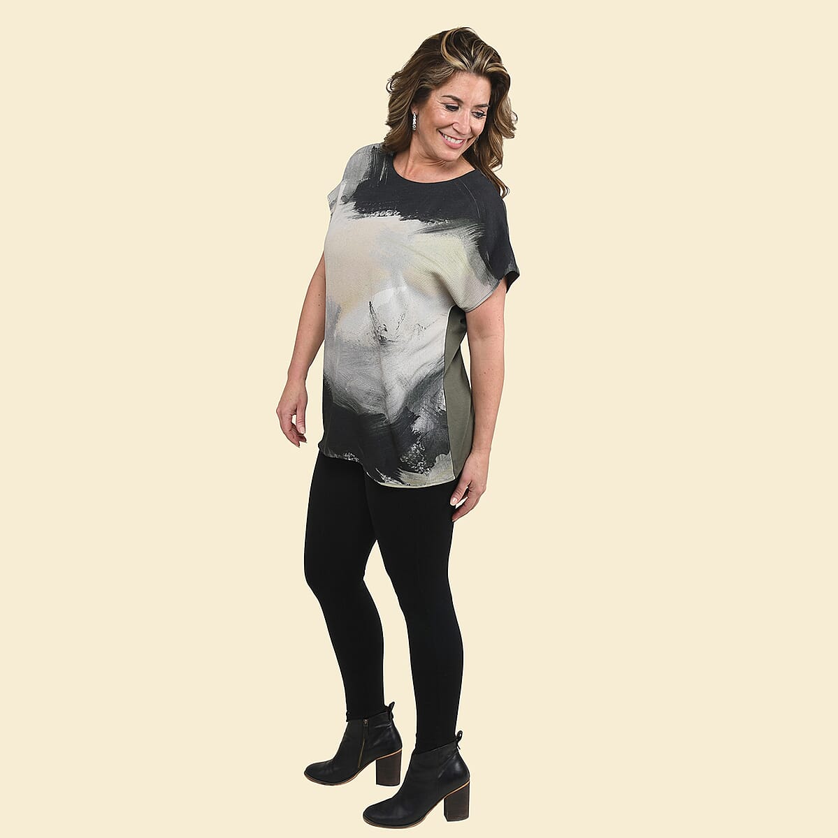 Tamsy Khaki Brush Stroke Pattern Drop Sleeve Woven and Knit Top - XL image number 3