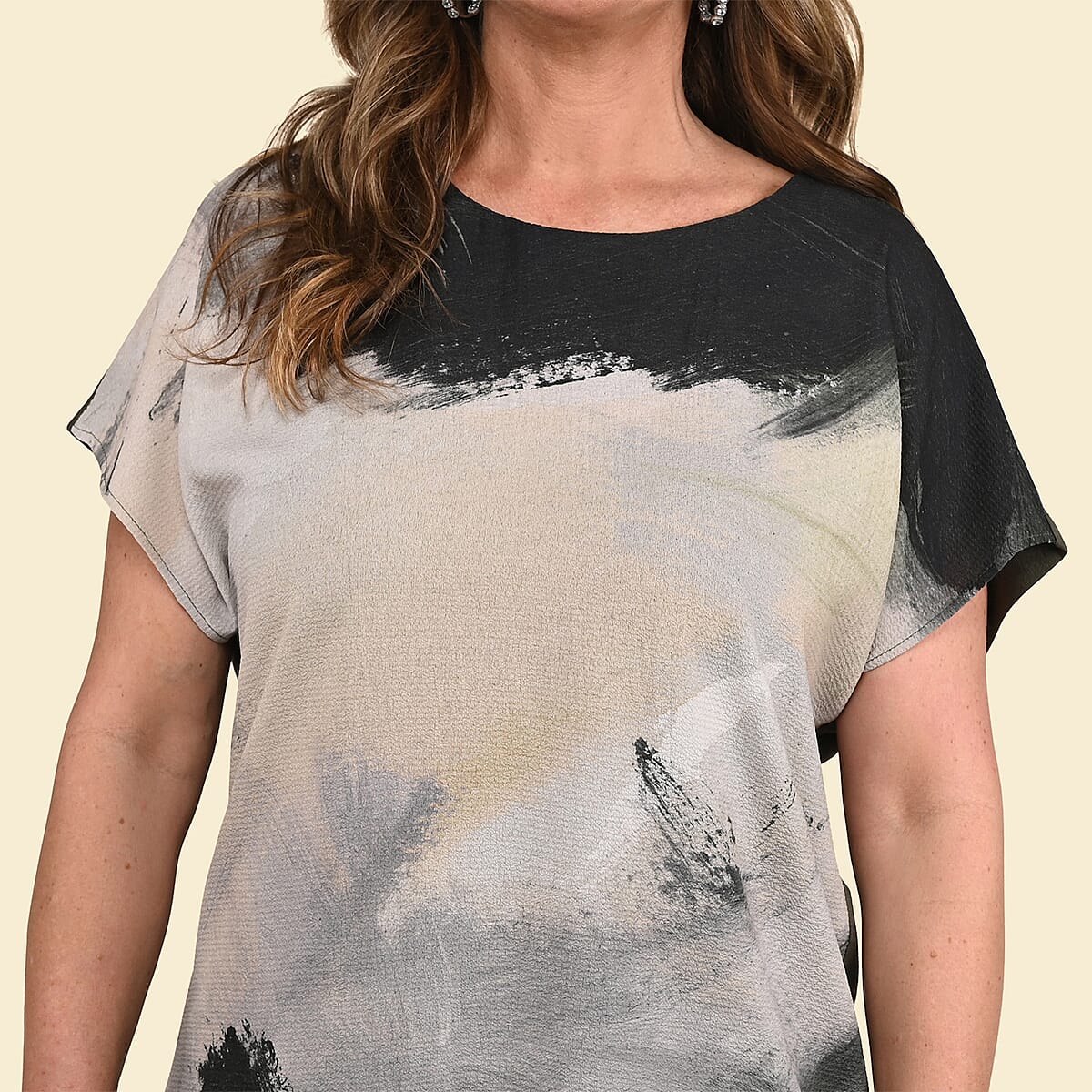 Tamsy Khaki Brush Stroke Pattern Drop Sleeve Woven and Knit Top - XL image number 4