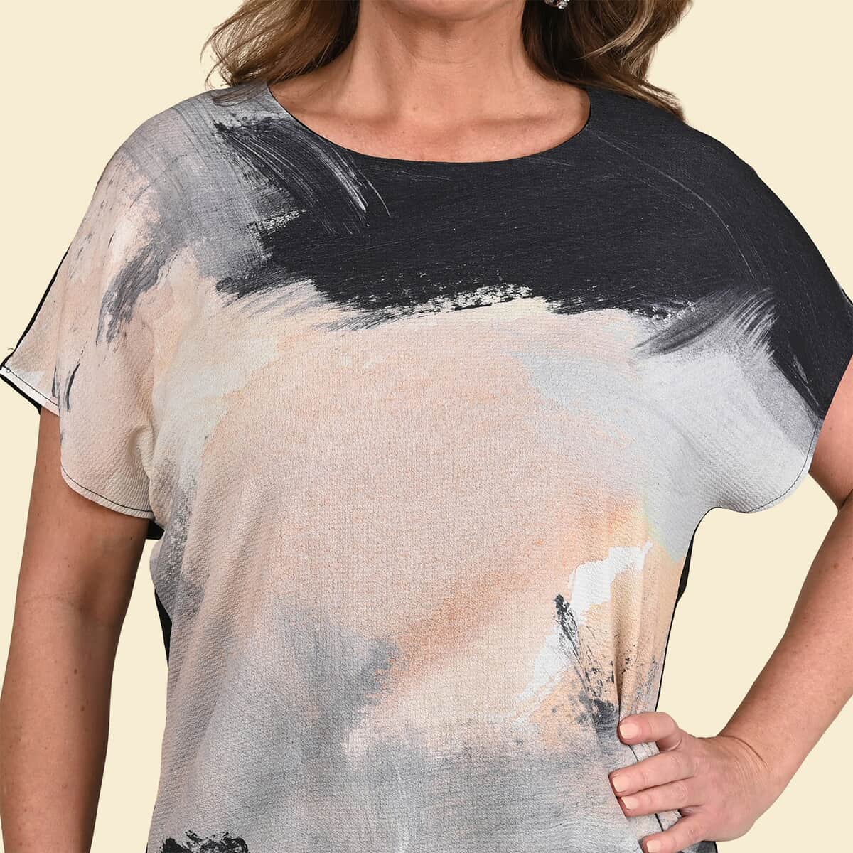 Tamsy Mink Brush Stroke Pattern Drop Sleeve Woven and Knit Top - 1X image number 4