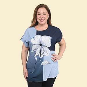 Tamsy Indigo Mink Floral Pattern Drop Sleeve Woven and Knit Top - 2X