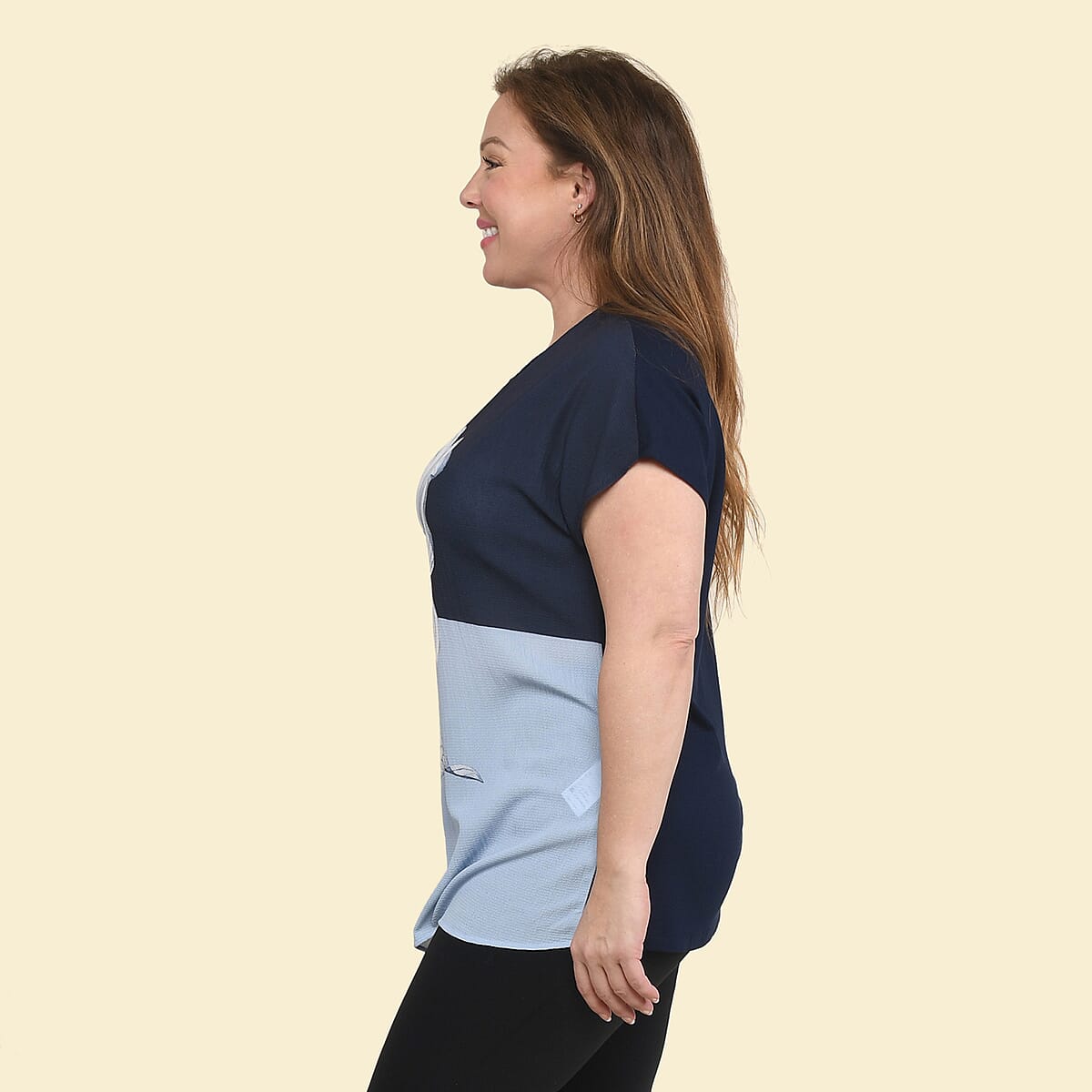 Tamsy Indigo Mink Floral Pattern Drop Sleeve Woven and Knit Top - 2X image number 2